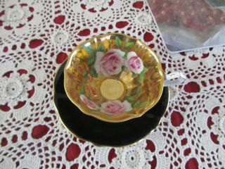 QUEEN ANNE tea cup and saucer large ROSES & gold bowl teacup black 2