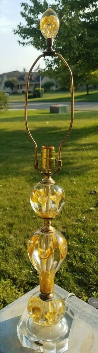 Vtg St.  Clair Yellow Flower Paperweight Art Glass Table Lamp W/finial Mcm Lamp 2