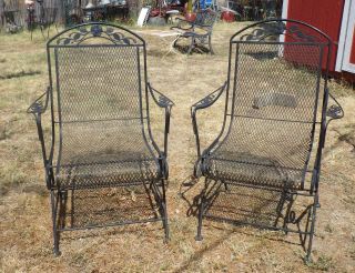 Vintage Woodard Floral Wrought Iron Mesh Black Outdoor Patio Coil Spring Chairs