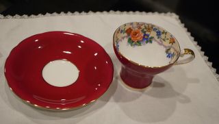 Vintage Aynsley England Burgundy Rose Flowers Tea Cup & Saucer Set