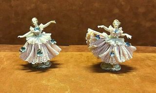 (2) Vintage Dresden German Porcelain Lace Ballerinas 3 1/4 " Tall