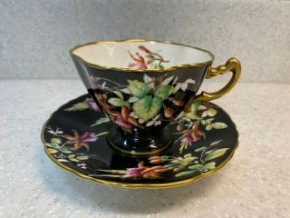 Hammersley Bone China Teacup Tea Cup And Saucer England Black Flowers Floral
