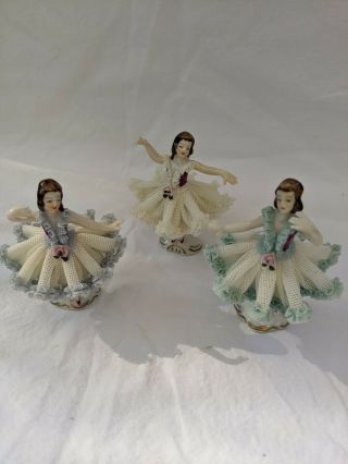 Three Vintage Porcelain Dresden Lace Ballerina/dancers Volkstedt 3.  25 " Tall (15)