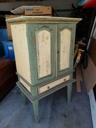 Hutch - Cabinet - Server Antiqued Painted,  Cream & Green,  Cedar Lined,  Solid Cond