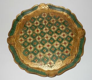 Large 13.  5 " Vintage Italian Florentine Gilt Wooden Tray Green Cream & Red Italy