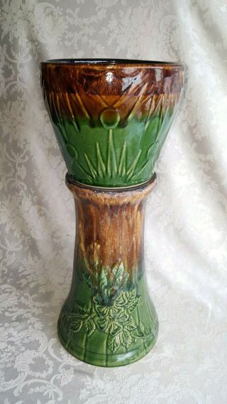 Vntg Mccoy Pottery Brown & Green Drip Glaze Moon Sun Planter Pot Jardiniere 20