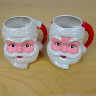 2 Unique Santa Mugs Hand Painted Ceramic Cup Set 4.  5 " 1940 1950 Vtg Christmas