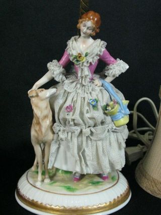 Antique German Pmr Dresden Lace Lady W/ Flowers & Dog Porcelain Lamp Figurine