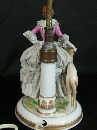 ANTIQUE GERMAN PMR DRESDEN LACE LADY W/ FLOWERS & DOG PORCELAIN LAMP FIGURINE 3