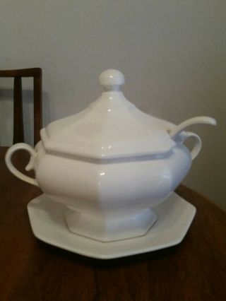 Vintage White Soup Tureen Bowl With Handles & Ladle & Underplate Japan Ceramic