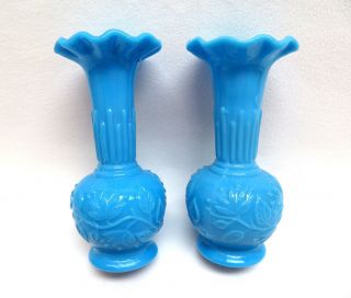 Vallerysthal French Blue Opaline Milk Glass Floral Vine Vases