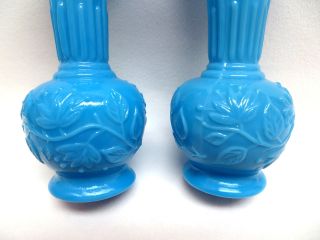 Vallerysthal French Blue Opaline Milk Glass Floral Vine Vases 2