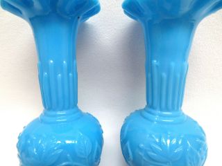Vallerysthal French Blue Opaline Milk Glass Floral Vine Vases 3