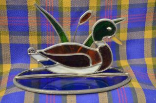 Artistic Stained Glass Figure - " Duck On The Pond With Cattails "
