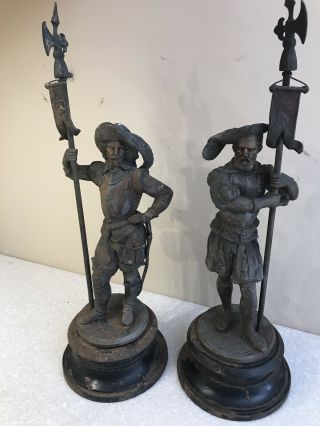 Vintage Set Of Two 16.  5 " Cast Metal Spanish Conquistador Soldiers Statues