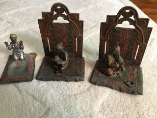 Austrian Bronze Bookends,  Metalware Arab Snake Charmer,  Scribe And Incense Burner