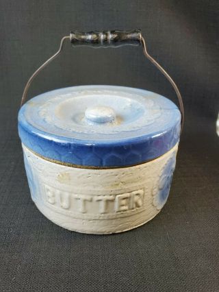 Antique Blue & White Stoneware Butter Crock W/orig.  Lid & Bail