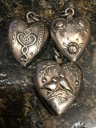 Antique/vintage 1900’s Sterling Puffy Heart Charm Set Of 3