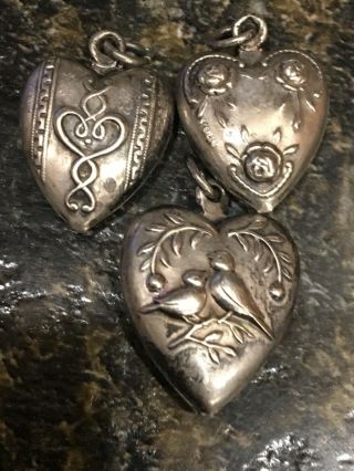 Antique/Vintage 1900’s Sterling Puffy Heart Charm Set Of 3 2
