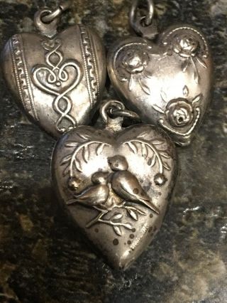 Antique/Vintage 1900’s Sterling Puffy Heart Charm Set Of 3 3