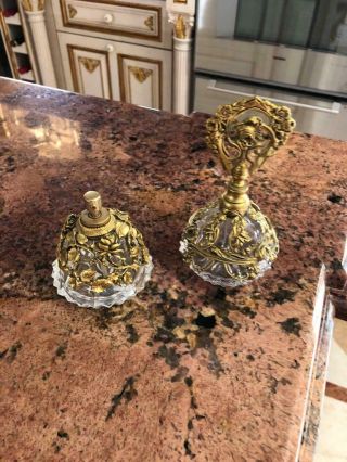 2 Vtg Matson Gold Ormulu Glass Perfume Bottle Roses Leaves Vanity Spray Pump