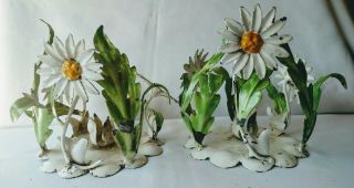 Pair Vintage Shabby Italian Tole Metal Daisy Candle Holders Distressed Daisies