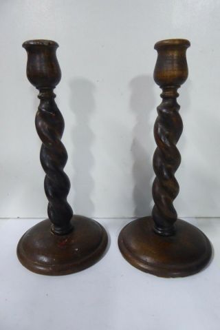 Pair Antique Wooden Oak Barley Twist Candle Sticks