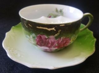 Antique Oversized Mustache Cup & Saucer Hand Painted Cabbage Rose