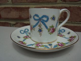 Vintage Crown Staffordshire Porcelain Blue Ribbon & Bow Demitasse Cup & Saucer