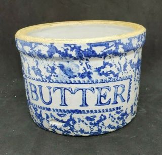 Antique Blue Spongeware Buttery Pottery Crock 2 Lb.