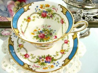 Shelley Tea Cup And Saucer Dubarry Blue With Roses Floral Pattern Teacup