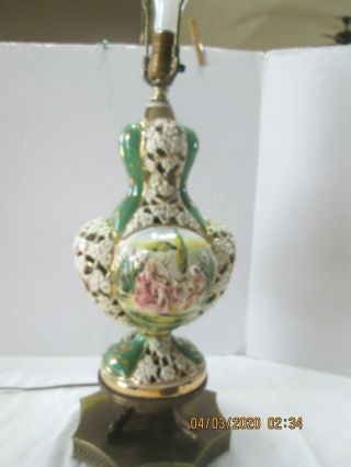 Vintage Capodimonte Porcelain Table Lamp W/ Brass Plated Base - Silk Cord