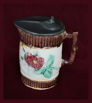 Vintage Ceramic Syrup Pitcher With Metal Top And Flower Design