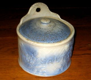 Vintage Blue & White Stoneware Salt Box Wall Mounted Crock