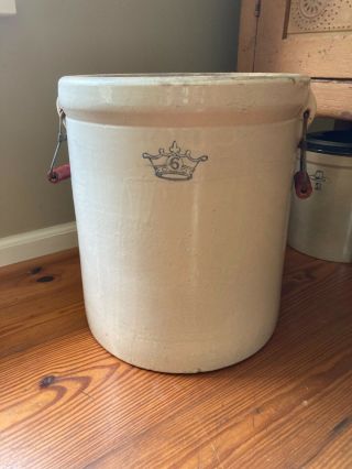Vintage Antique Six (6) Gallon Crown Stoneware Crock With Bail Handles