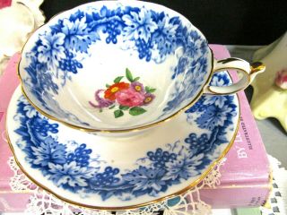 Paragon Tea Cup And Saucer Blue Ivy And Floral Pink Rose Center Teacup 1950s