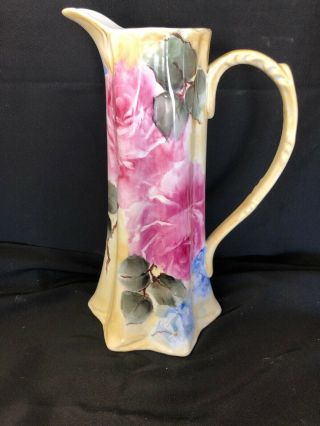 Antique Stylehand - Painted Porcelain Pitcher/vase Pink Roses Blue Flowers 10 In