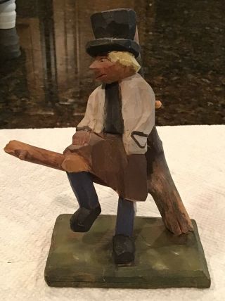 Vintage Hand Carved Wood Man W/ Hat Leaning On Limb Signed Anders Blanck Rattvik