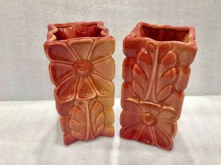 2 1930s Vintage Gonder Art Pottery Vase Pair Set Floral Tropical Island