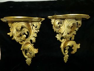 Vintage Pair Andrea Hand Painted Gold Gilt Wood Shelves - Hollywood Regency