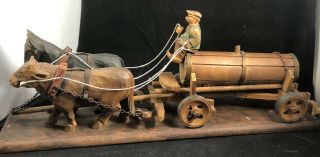 German Hand Carved Wood Water Wagon Pulled By Ox And Horse From Black Forest