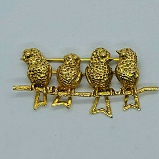 Vintage Solid 14k Gold 4 Birds Sitting On A Branch Pin Brooch 3 Grams