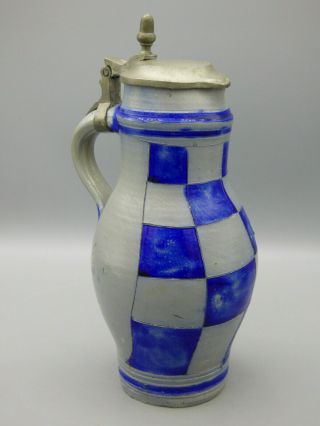 Antique Stoneware Salt Glazed Lidded Tankard / Jug W/ Blue Checkers Pattern