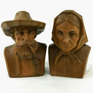 Vintage Hand Carved Wood Old Man W/ Pipe And Woman Bust Folk Art Rustic Decor