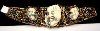 Rare Vintage Signed Selro Goldtone Jeweled Noh Devil Mask Panel Bracelet A6