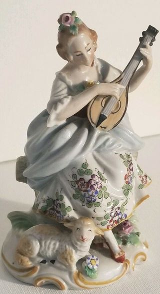 Antique Sitzendorf Porcelain Fig Lady Playing A Lute W/lamb