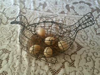 Vintage Primative Chicken/hen Wire Egg Basket With Handles & Plastic Eggs