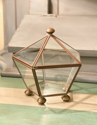 Vintage Pentagon Brass & Glass Curio Display Trinket Box Terrarium -