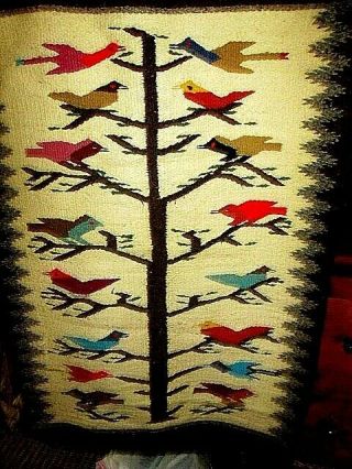 Vtg.  Native American Navajo Handmade Tree Of Life Birds Wool Rugl 26 1/2x41 1/2 "