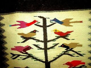Vtg.  Native American Navajo Handmade Tree Of Life Birds Wool Rugl 26 1/2x41 1/2 